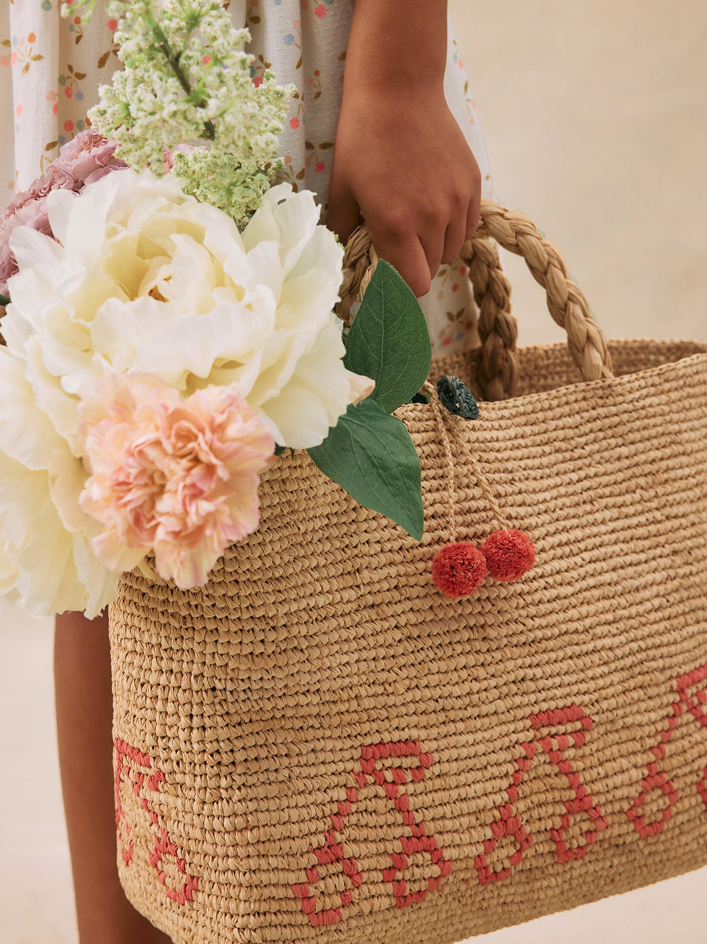 Sac Fama cabas en raphia à cerises roses